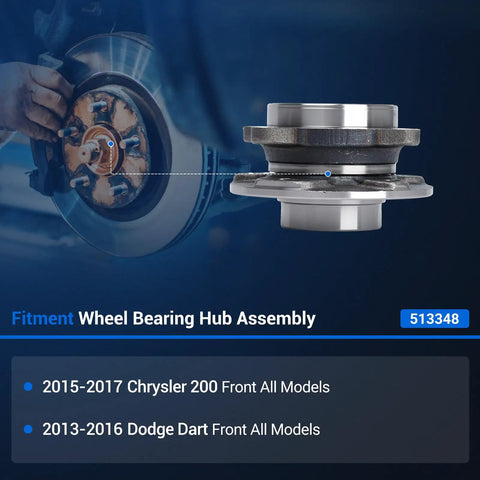 Top Shelf Front Wheel Hub And Bearing Assembly With Abs System Built Tough For Dodge Dart And Chrysler 200 Fits Front Axle image showing part details.