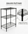 Heavy Duty 3 Tier Wire Shelving Rack, Adjustable Freestanding Storage Organizer showing adjustable shelf height features.