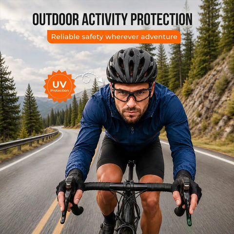 Top Shelf Industrial Safety Glasses With Vibrant Orange Frame Clear Anti Fog Lenses Scratch Resistant High Impact Shield Ansi Z87 Certified Uv400 Eye Protection Clutch For The Job Site Bad Boy Gear, worn by cyclist outdoors.