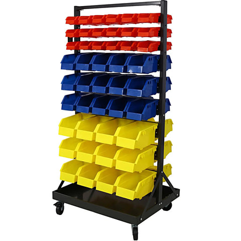 90 Bin Storage Rack With Locking Casters For Garage And Workshop, Double-Sided Tool Organizer, colorful bins visible