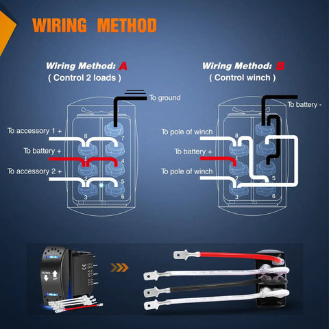 Wiring diagram for No Nonsense Reverse Polarity Switch 20A 12V 7 Pin showing connections for control loads and winch.