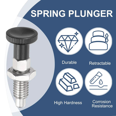 Pro Grade M6x1 Spring Return Plunger Set Showing Retractable Plunger with Stainless Steel Body and Durable Black Knob.