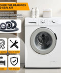 Front Load Washer Tub Bearings And Seal Kit With Large And Small Bearings Plus Tub Gasket displayed beside a washing machine.
