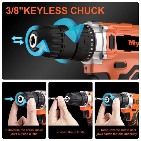 3/8 inch keyless chuck demonstration on 21V Cordless Drill Kit with 320 in-lbs torque, showing drill bit insertion process