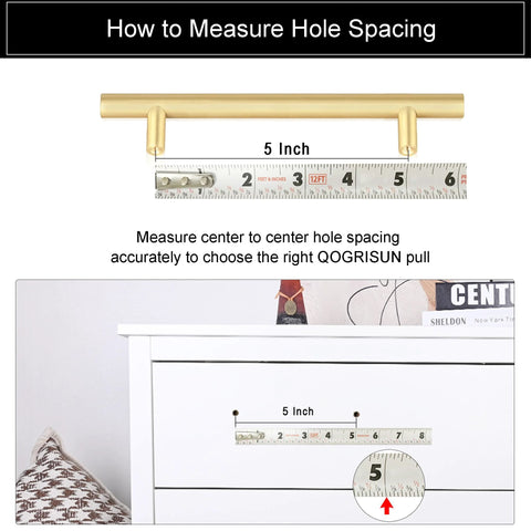 Instruction on measuring 5-inch center hole spacing for 5 Pack Solid Brass Cabinet Handles With Brushed Brass Square T Bar Pulls