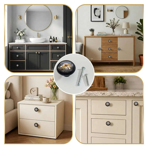 Vintage Dragonfly Moon Cabinet Knobs Set for Drawers and Cupboards shown on black and wooden furniture, acrylic design.