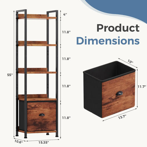 Brown Five Tier Bookshelf With Fabric Drawer And Slim Vertical Storage Rack For Tight Living Room Spaces Compact Space Savers dimensions and sizes displayed