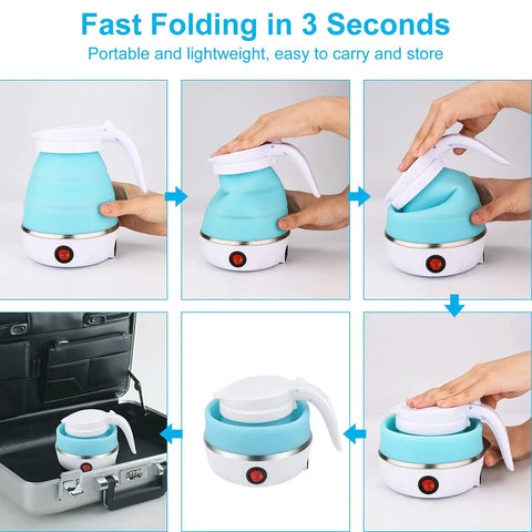 On The Go Portable Electric Kettle 600ml Foldable Tea Coffee Kettle With Collapsible Cup Set Fast 5 Minute Boil BPA Free Food Grade Silicone 110V 400W Ideal For Camping Office Travel shown folding into suitcase