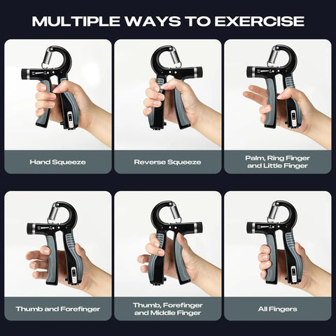 Heavy Duty Adjustable Grip Strengthener With Smart Tracking Counter Forearm Builder Tool in use for multiple grip exercises.