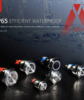 Six 19mm Latching Push Button Switches with Angel Eye LED Halo Ring 12V DC Blue in a waterproof setting, highlighting IP65 rating.