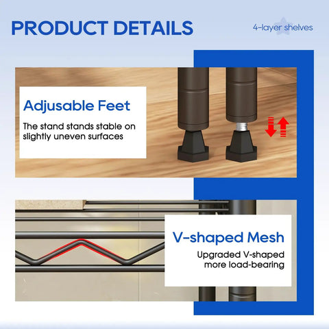 Built Like A Tank 4 Tier Wire Shelving Rack Crushing Clutter With Adjustable Spacing Storage Organizer For Garage And Kitchen Pantry 800 Lb Capacity 35 By 13 By 53 Inches Black Metal Shelf adjustable feet and v-shaped mesh design details