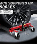 Rock Solid Wheel Dolly Set With Hydraulic Tire Jack And Twin Rollers 6000 Lbs Capacity, featuring durable red steel and hydraulic lift system.