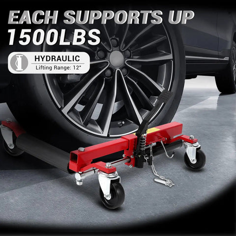 Rock Solid Wheel Dolly Set With Hydraulic Tire Jack And Twin Rollers 6000 Lbs Capacity, featuring durable red steel and hydraulic lift system.