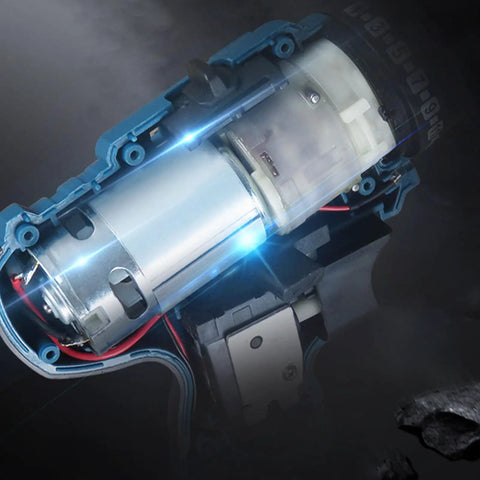 Close-up of brushless motor in Heavy Duty Cordless Drill Set With Sleek Brushless Motor And Knockout 21V Power Delivers 30 Nm Torque.