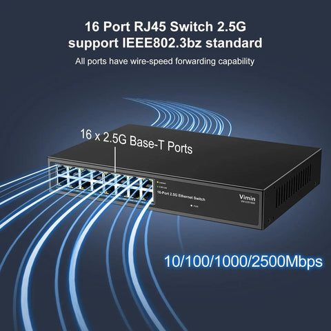 Unmanaged 16 Port 2.5G Ethernet Switch Plug And Play Base T No Fuss Setup 16x 2.5GBASE-T ports displayed, metal housing fanless design.