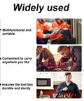 Heavy Duty Portable Plastic Toolbox With Reinforced Grip Handle Massive Multipurpose Storage Organizer For Quick Trades Shop Grind And Everyday Gear Hauling, shown in multiple uses by tradespeople.