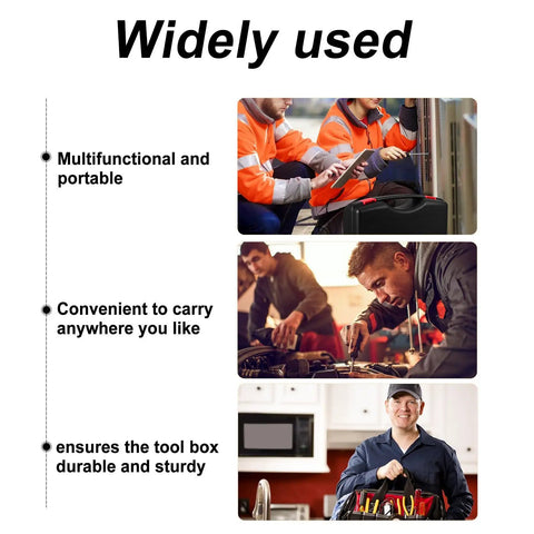 Heavy Duty Portable Plastic Toolbox With Rugged Carry Handle For Hand Tools And Repair Gear Multipurpose Storage Crate in use by workers.