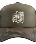 Solid Plumber Evolution Trucker Hat featuring a skilled trades graphic and adjustable camo mesh back.