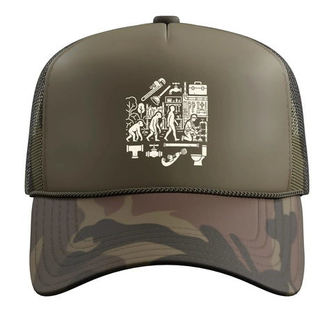 Solid Plumber Evolution Trucker Hat featuring a skilled trades graphic and adjustable camo mesh back.