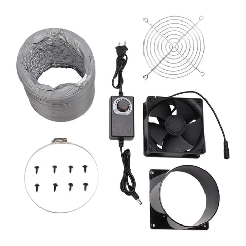 Components of No Sweat Setup With This 5 Inch Adjustable Exhaust Fan featuring activated carbon filter and 2m flexible hose.