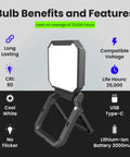 Ultra Bright 2000 Lumen Portable LED Work Light with stand showcasing features like USB Type-C and 25,000-hour life.