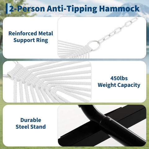 Two Person Hammock With Adjustable Steel Stand And Pillow For Easy Outdoor Lounging, Heavy Duty Portable Set, Handles Up To 450 Lbs features metal support and durable stand.