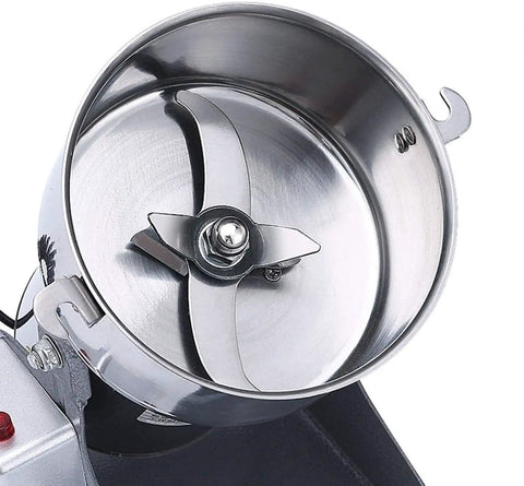 Close-up of stainless steel blade inside Stainless Steel Grain Mill Grinder For Home And Commercial Use, Superfine Powder Machine.