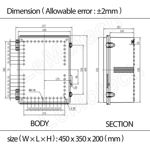 Technical drawing of IP67 Waterproof Electrical Junction Box With Hinged Cover And Stainless Steel Latch, dimensions labeled.
