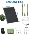 Heavy Duty 5W Solar Panel For Trail Cameras Equipped With A 5200 Mah Backup Battery showing package components and dimensions.