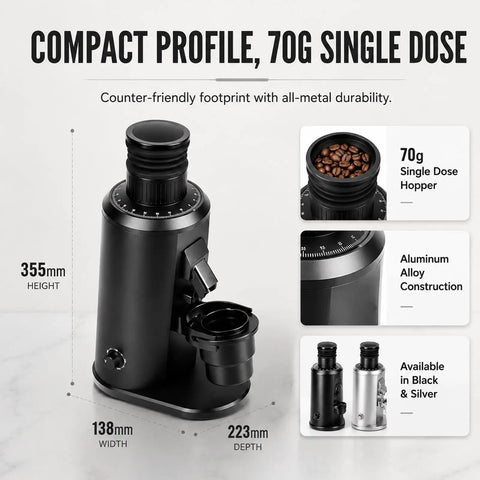 High Performance Eighty Millimeter Flat Burr Electric Coffee Grinder serving kickin espresso grounds with stepless dial control and 70g hopper.