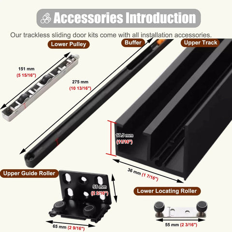 Concealed Trackless Sliding Door Hardware Kit For 36-60 Inch Doors With Invisible Track, accessory components detailed view.
