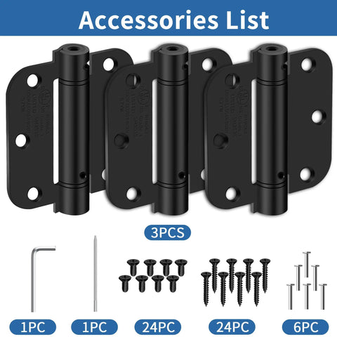 Heavy Duty 3.5 Inch Self Closing Door Hinges Spring Loaded With Rock Solid Build And Dead Silent Self Close Zero Hassle Install For Bedroom Kitchen Or Basement Interior Doors accessories kit showing three matte black hinges and screws.