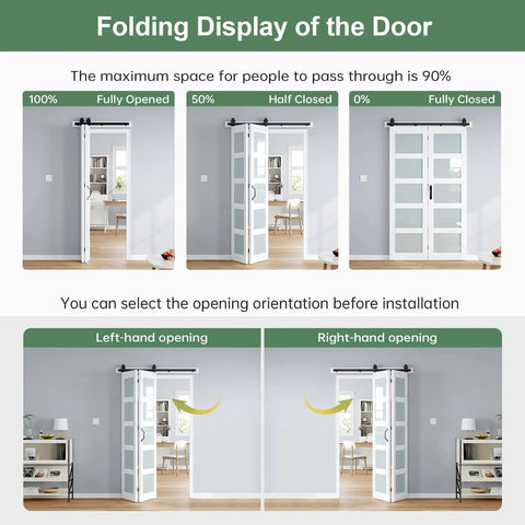 Folding display of Heavy Duty Bifold Barn Door 48X84 Double Frame With Frosted Glass And Full Track Kit showing opening options.