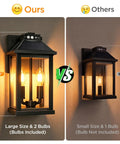 Comparison of Solar Outdoor Wall Lights For Porch And Patio Two Pack Triple Panel Design with large 13.4" light versus smaller 9.8" light.