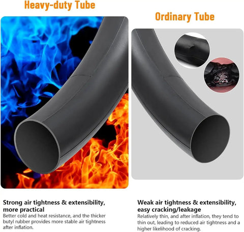 Comparison of heavy-duty versus ordinary bike inner tubes, highlighting durability and resistance to heat and cracking.
