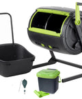 Two Stage 65 Gallon Compost Tumbler With Large Double Doors And Open Frame For Easy Unloading Includes A Compost Cart And A 1.85 Gallon Kitchen Caddie Bin Three Rolls Of Corn Bags And A Retractable Plant Caddie shown in black and green