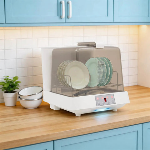 Slick Portable Countertop Dishwasher With Massive 8 Liter Tank And Three Wash Settings featuring stacks of plates on a countertop.