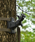 Trail Camera Mounting Bracket With One Quarter Twenty Threaded Insert 360 Degree Rotating Adjustable Holder on tree trunk