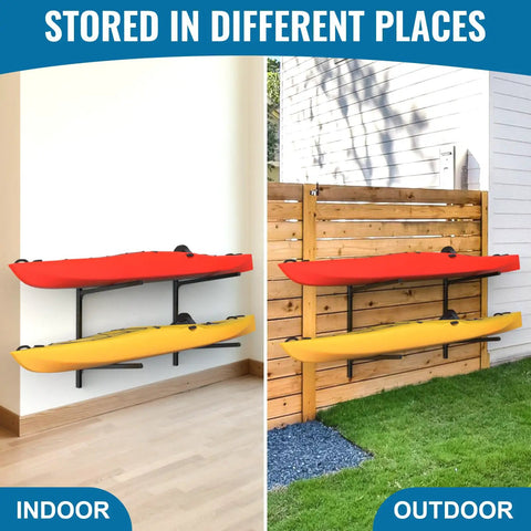 Heavy Duty Kayak Storage Rack Wall Mount For Garage Paddling Boats Hella Secure Dual Tier Adjustable Hanging Rack showing red and yellow kayaks indoors and outdoors.