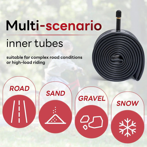 Go To 16 Inch Bike Inner Tubes Pack, 16x1.75 to 2.125 Range, 2 Durable AV32mm Schrader Valve Tubes, all terrain icons