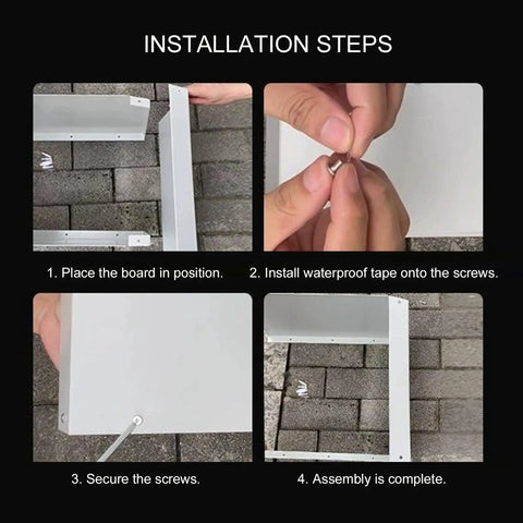 Installation steps for All Weather Steel Awning EV Charger Cover Wall Mount Shield showing securing the screws.