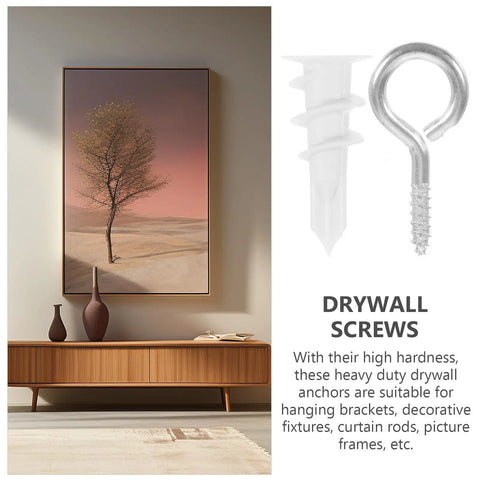 20 Sets Self Drilling Drywall Screws And Nylon Anchors Kit next to a wall-mounted picture frame over a wooden console