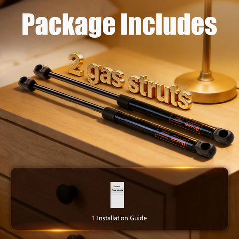 Rock Solid 20 Inch Gas Struts And Door Shocks For Rv Entry Doors And Camper Lifts And Tough 15 Pound Force 2 Pack with installation guide.