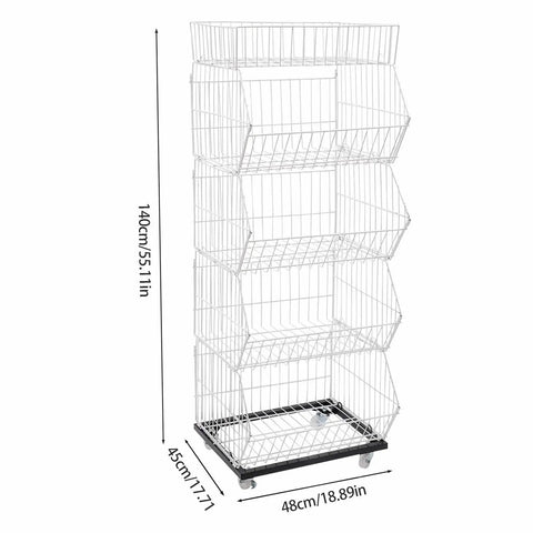 Built Tough Five Tier Rolling Wire Display Rack With Heavy Duty Caster Wheels, Angled Mesh Baskets, And Reinforced Steel Frame in fresh white, showing dimensions.