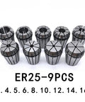 Solid ER25 Morse Taper Collet Chuck Set For CNC Lathe And Milling Machines With Secure Slip Resistance and Smooth Machining Performance In Sizes Ranging From 1 To 16mm showing 9 pieces with sizes marked from 3 to 16mm.