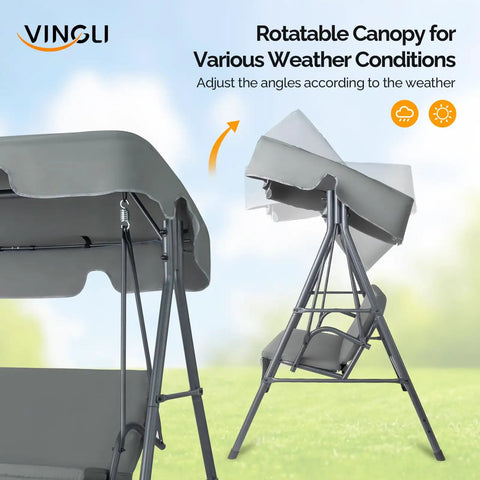 Outdoor Porch Swing With Adjustable Canopy And Durable Steel Frame On Heavy Duty Stand For Patio Backyard Or Garden, glider chair detail with canopy adjustment.