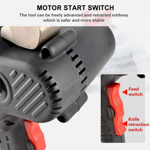 Close-up of Beast Mode Rechargeable Ratchet Cable Cutter motor start switch and feed and knife retraction controls.