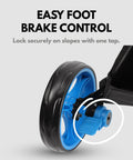 Three Wheel Golf Push Cart With Rock Solid Stability On Any Terrain Heavy Duty Stabilizer Rods Smooth Push And One Touch Braking For Effortless Control On Hills And Rough Fairways Black And Blue rear wheel brake close-up