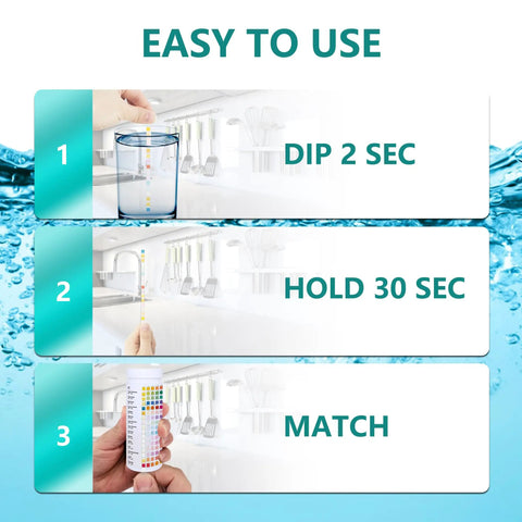 Instructions for Big Time 16 In 1 Drinking Water Testing Kit: dip, hold, and match water test strips.