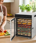 Stainless Steel Electric Food Dehydrator With 12 Trays boasts a smooth 24 hour digital timer drying fruits and veggies.